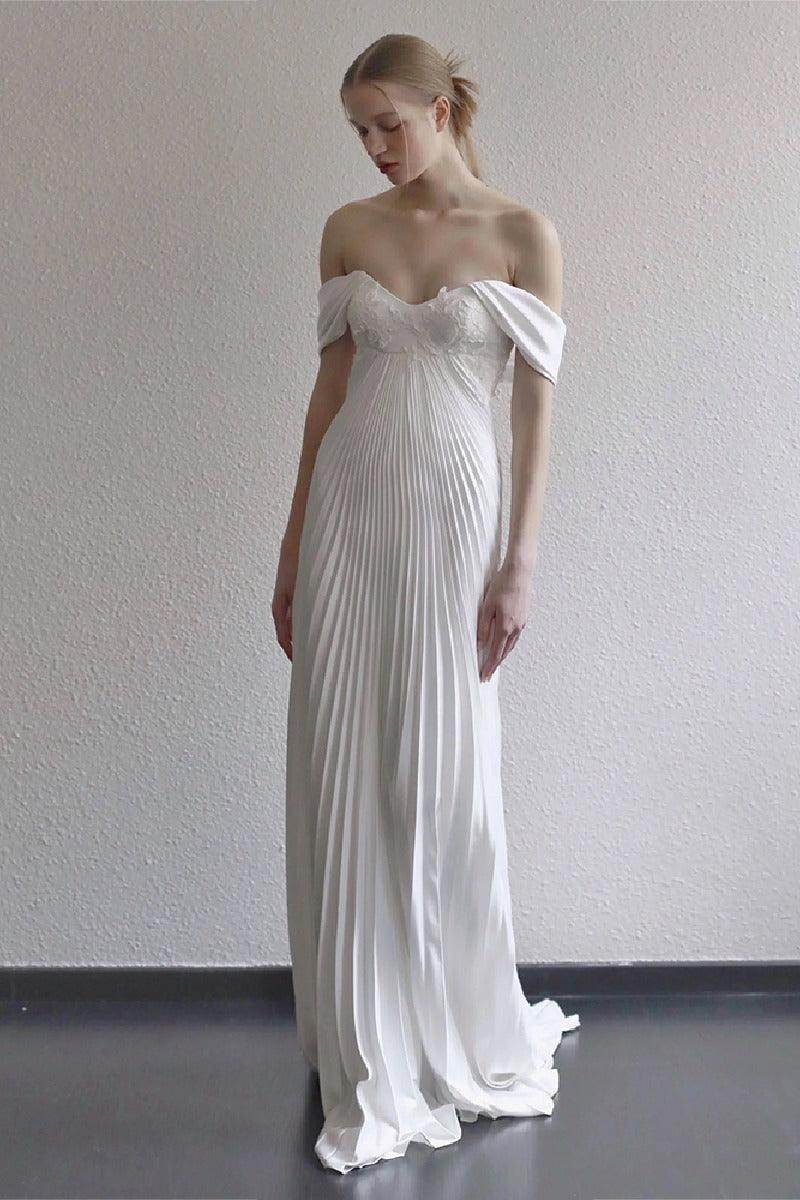 Sheath-Column Sweep-Brush Train Satin Wedding Dress 789801910655 - COCOMELODY